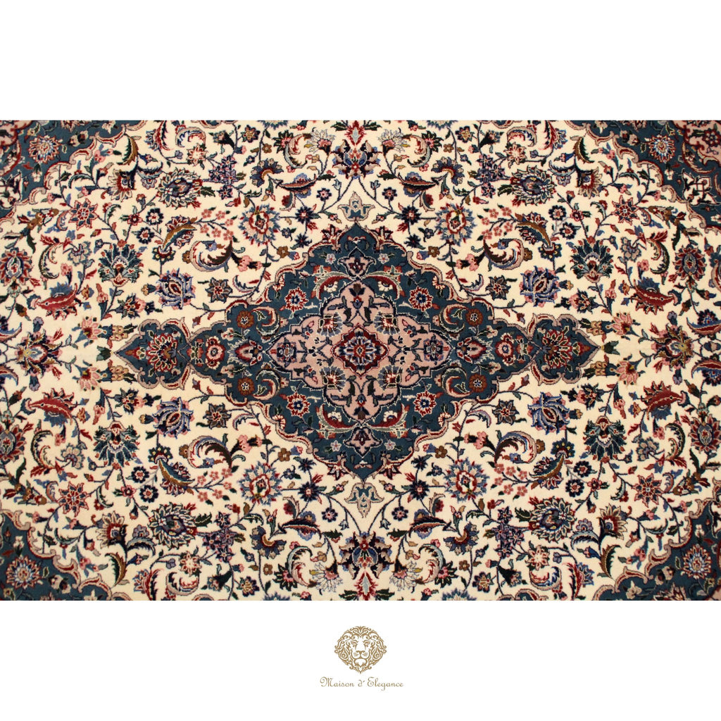 Alfombra Kirman Seda y Lana Medallón Central Diseño Floral 295 x 181 cm