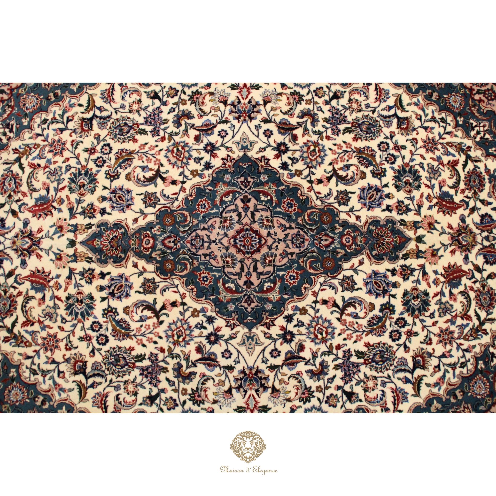 Alfombra Kirman Seda y Lana Medallón Central Diseño Floral 295 x 181 cm