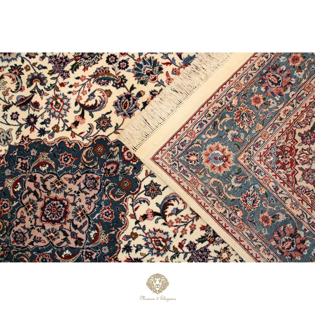 Alfombra Kirman Seda y Lana Medallón Central Diseño Floral 295 x 181 cm