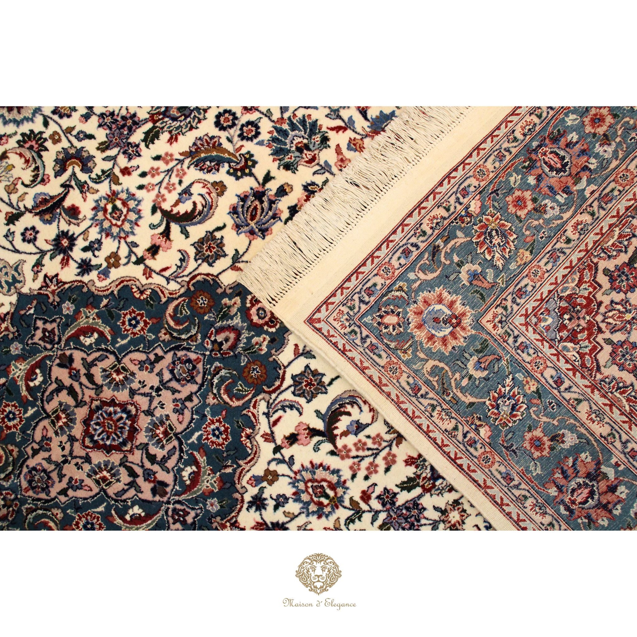 Alfombra Kirman Seda y Lana Medallón Central Diseño Floral 295 x 181 cm