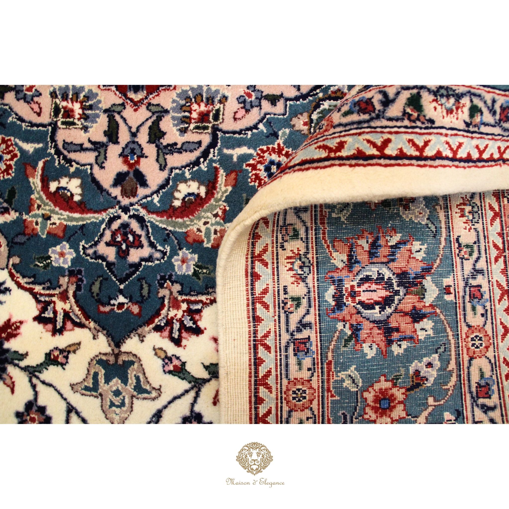 Alfombra Kirman Seda y Lana Medallón Central Diseño Floral 295 x 181 cm