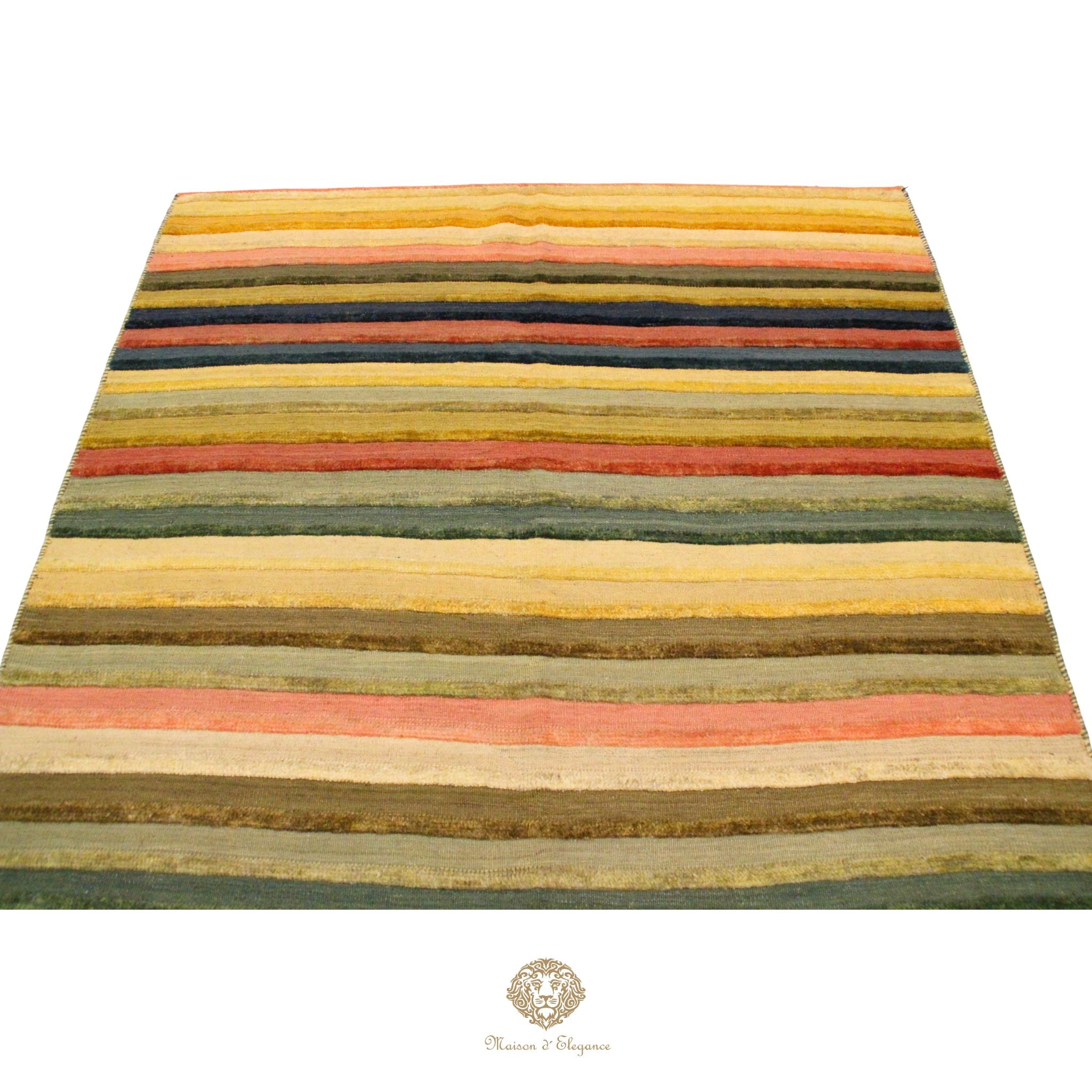 Alfombra Multicolor a rayas Lana Natural Tonos Cálidos | 201 x 152 cm