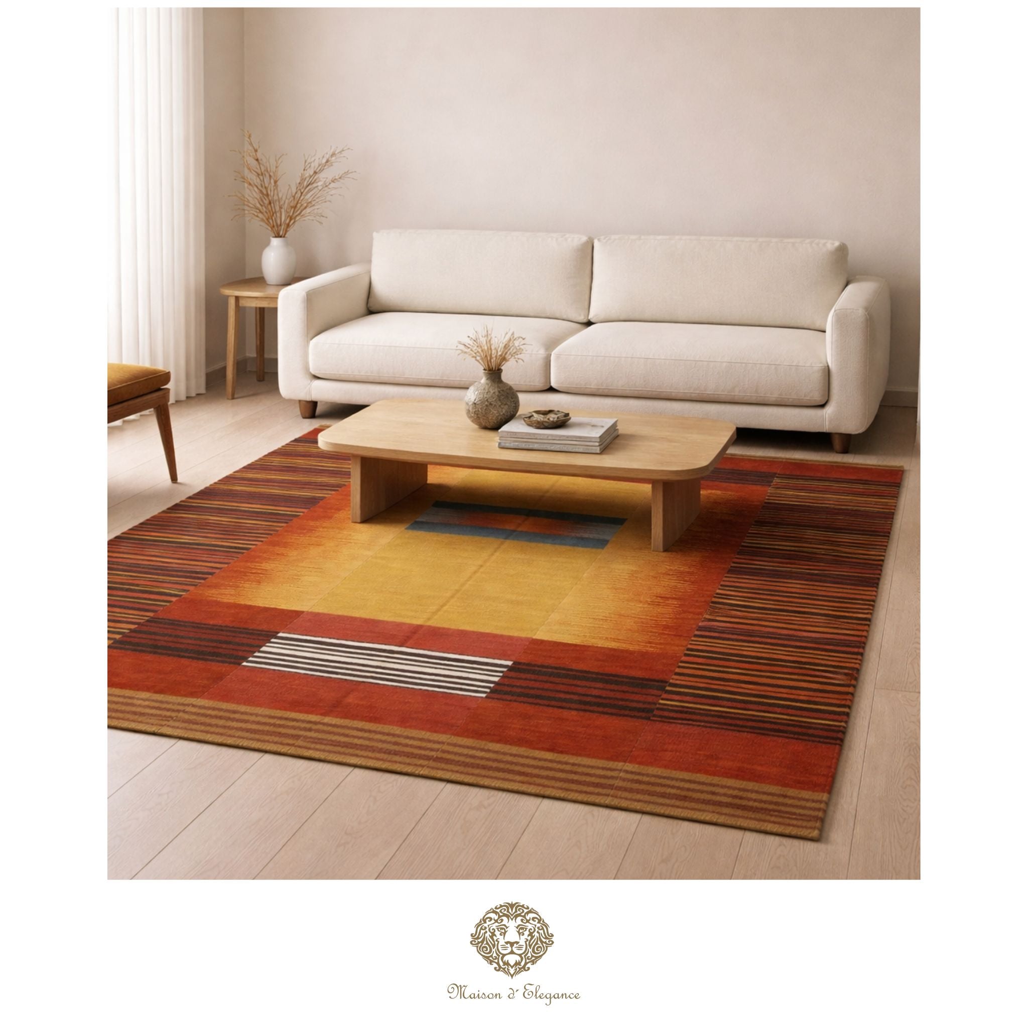 Living room with a patterned rug, white sofa, and wooden coffee table.