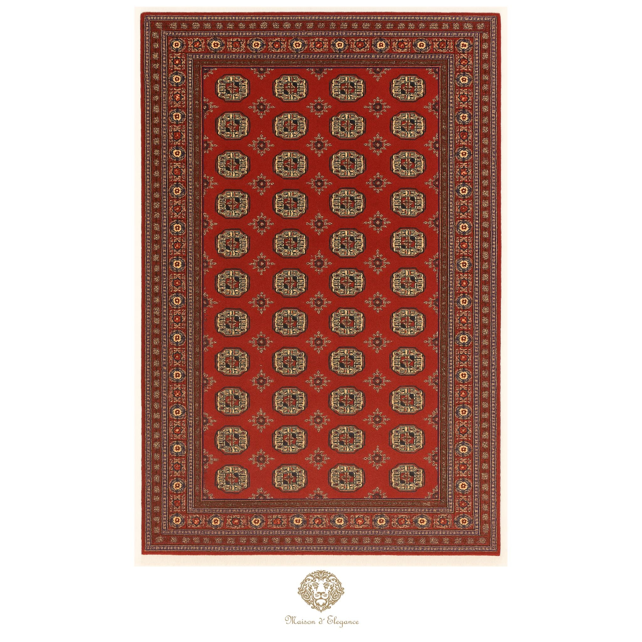 Red patterned rug with intricate designs on a white background