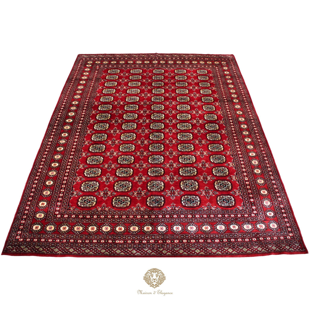 Red patterned rug with intricate designs on a white background