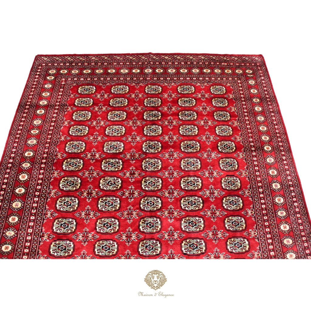 Red patterned rug with intricate designs on a white background