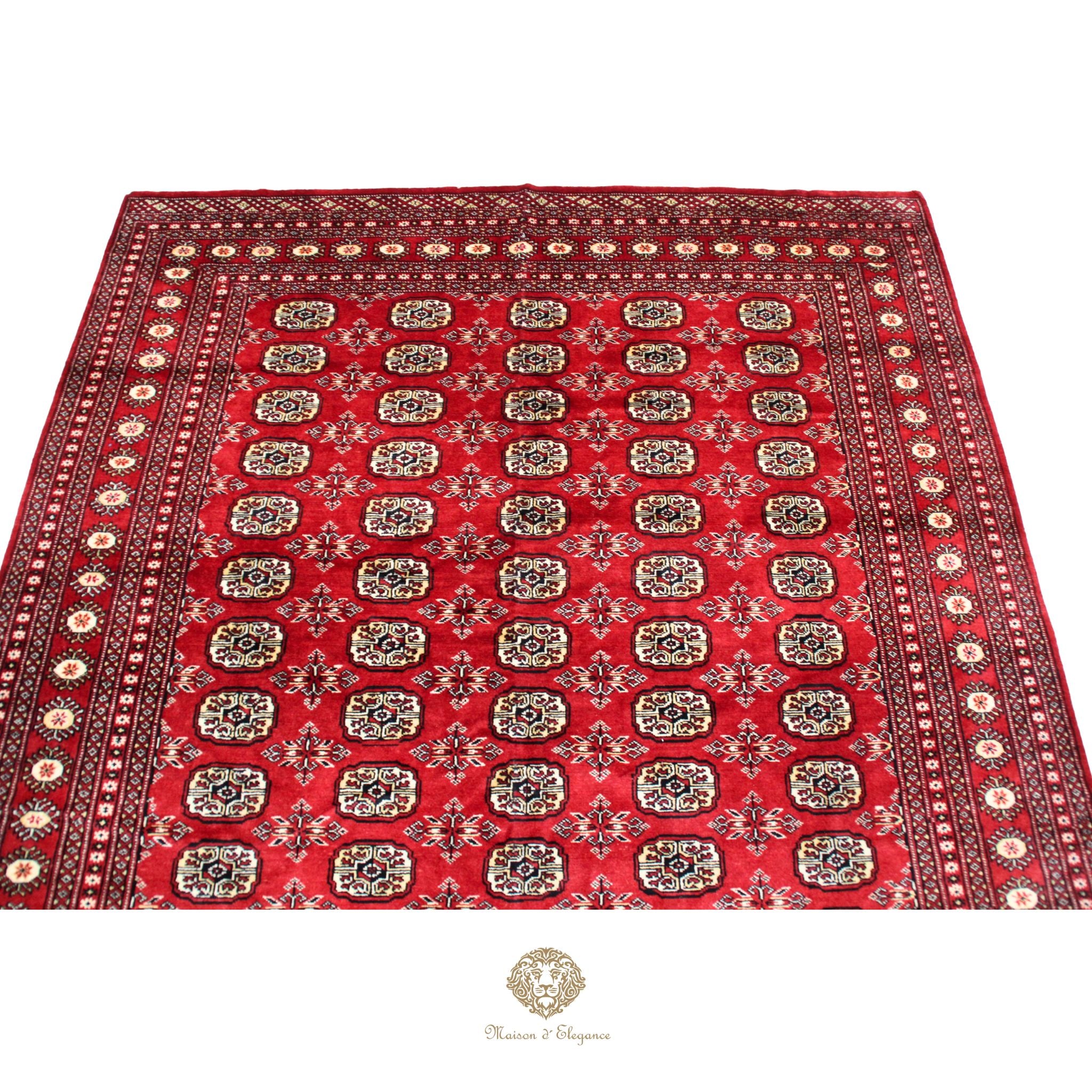 Red patterned rug with intricate designs on a white background