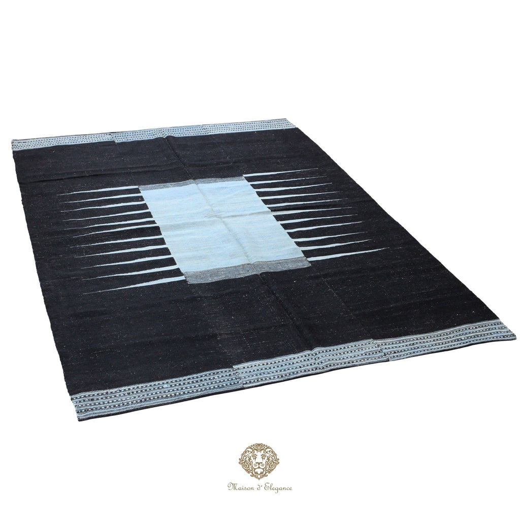 Alfombra Kelim Kia Sar Negra Centro Celeste Lana 254 x 179 cm