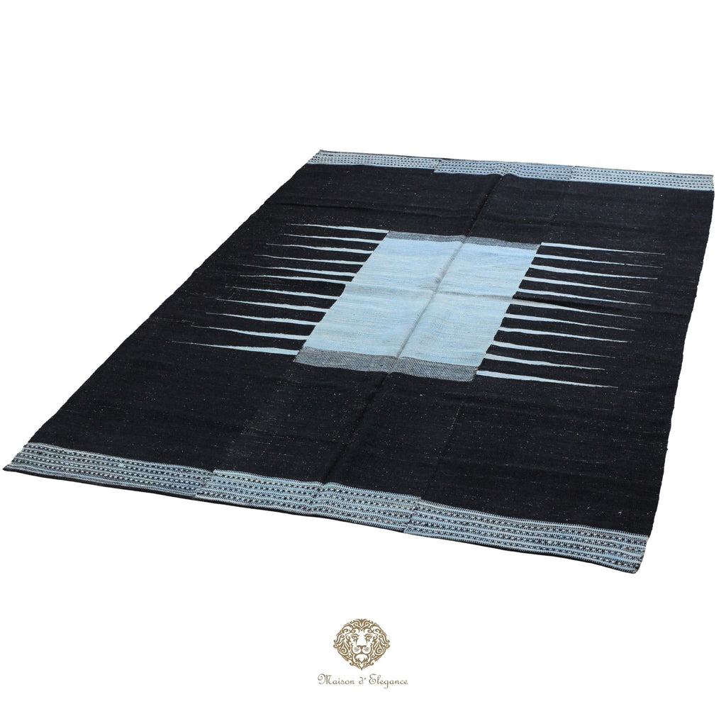 Alfombra Kelim Kia Sar Negra Centro Celeste Lana 254 x 179 cm