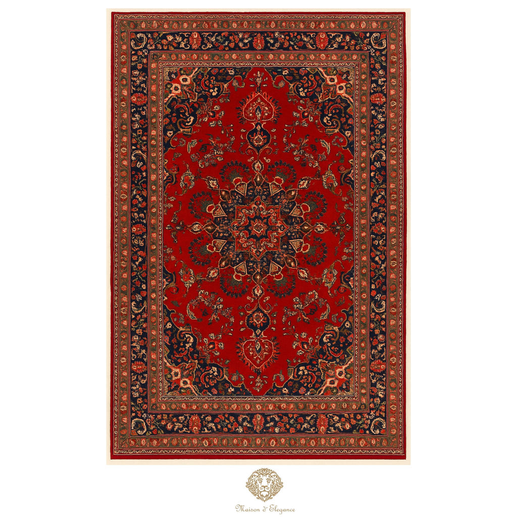 Decorative red rug with intricate patterns on a white background