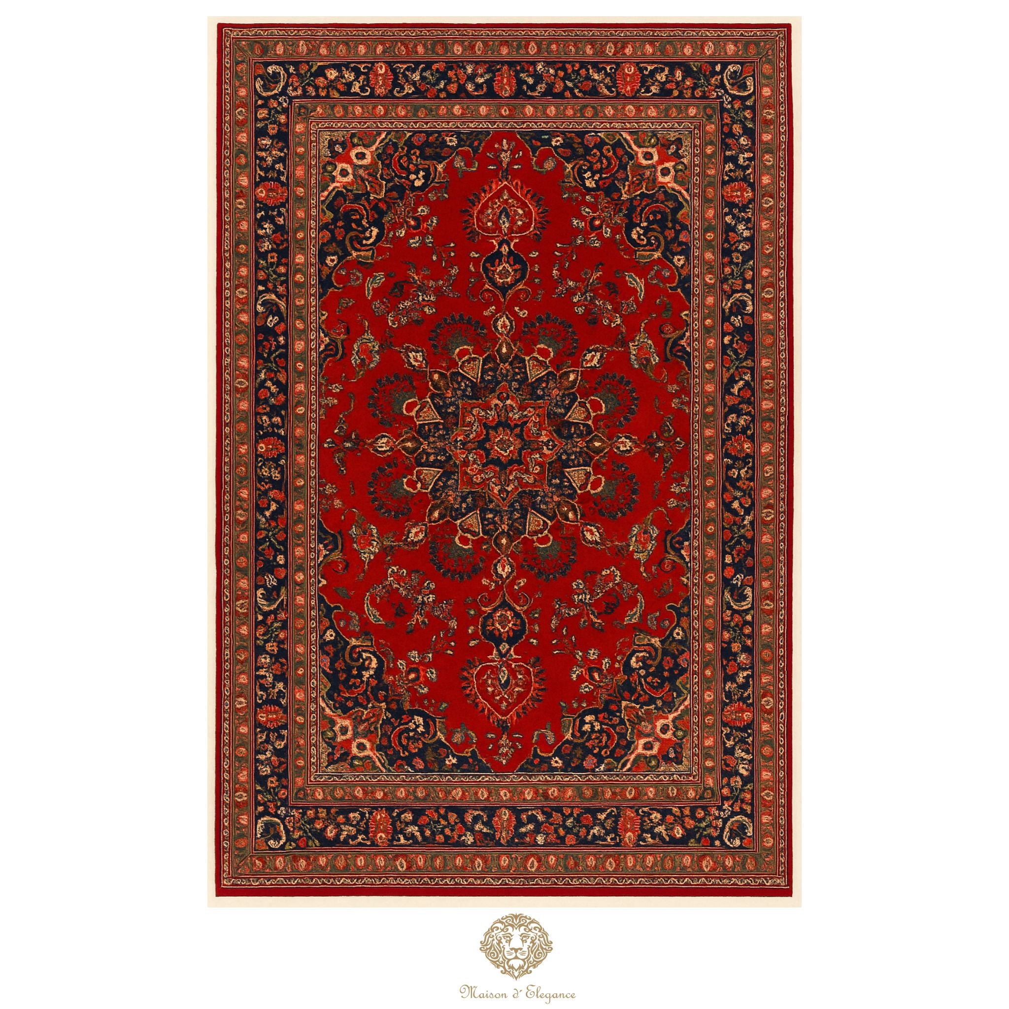 Decorative red rug with intricate patterns on a white background