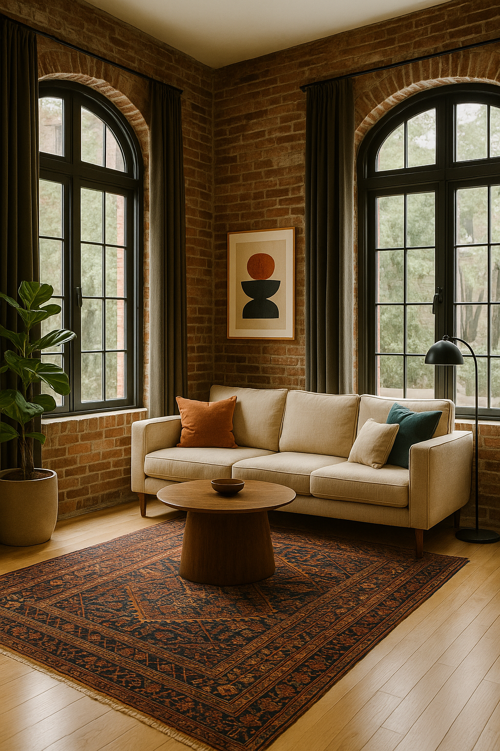 Cozy living room with beige sofa, round coffee table, and large windows.