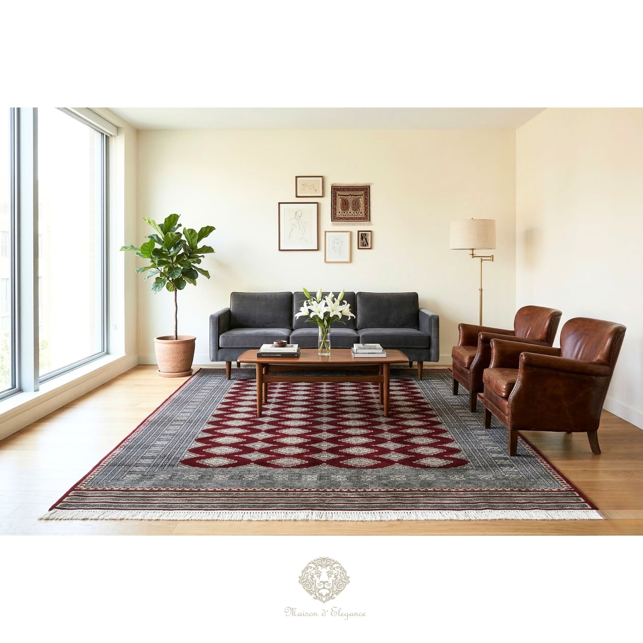 Living room with gray sofa, brown leather chairs, and a patterned rug.