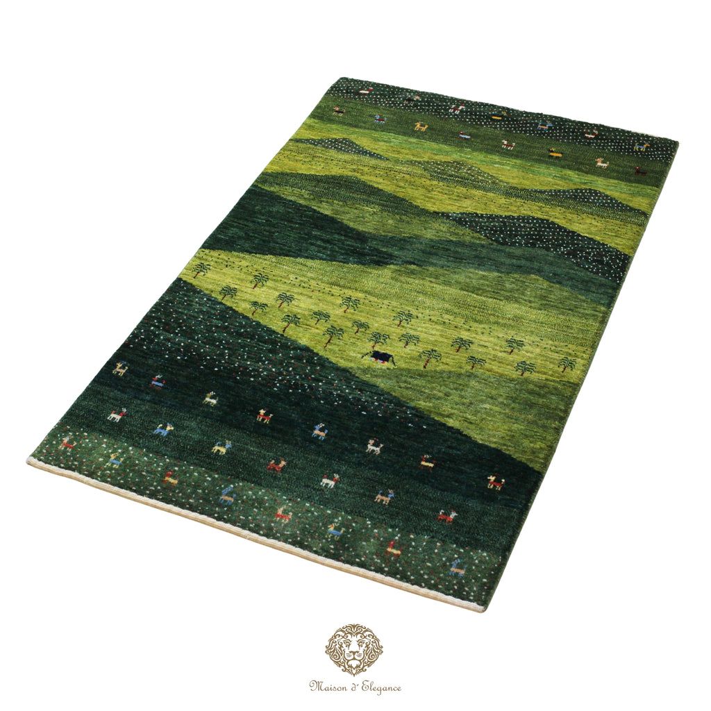 Green and black patterned rug with animal illustrations on a green background