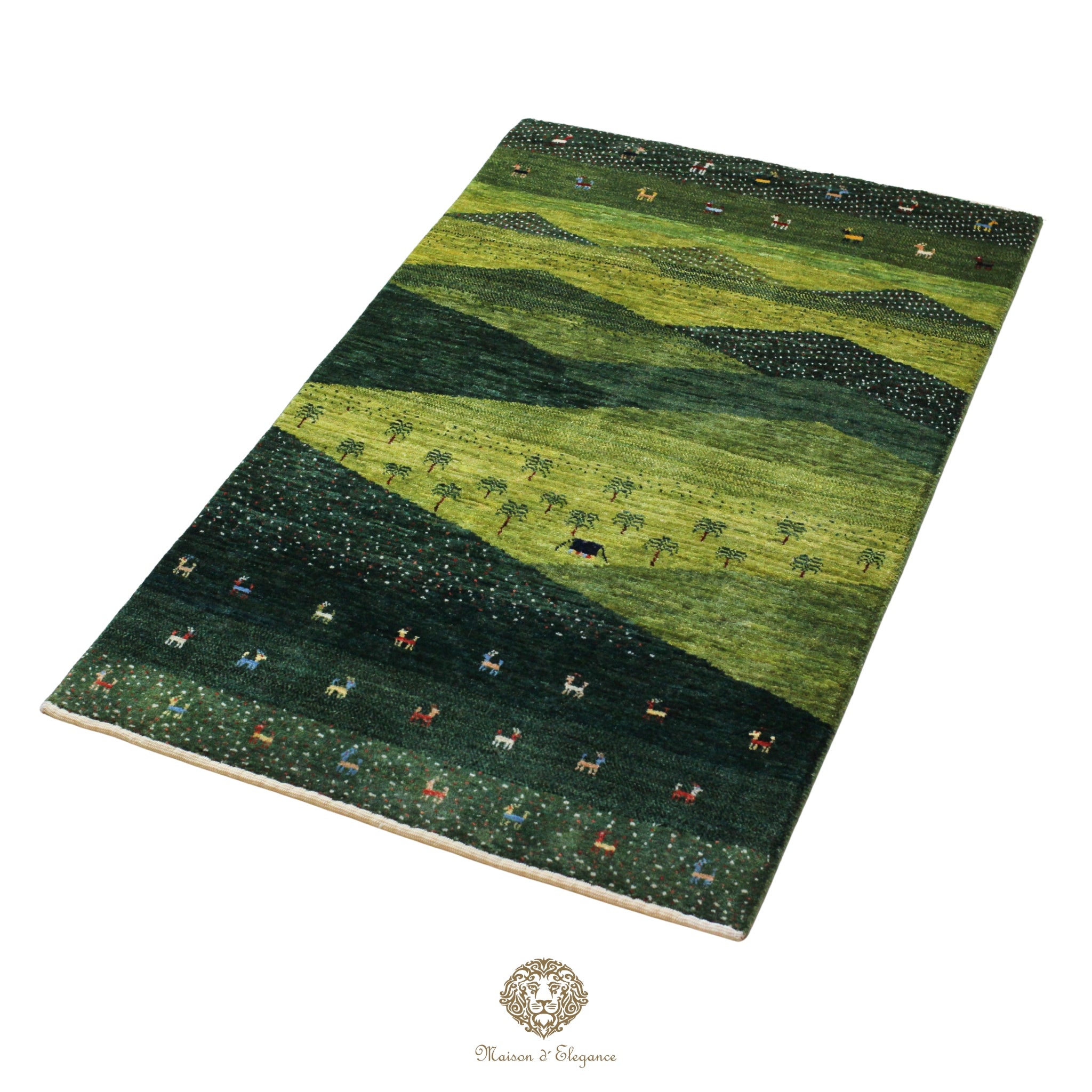 Green and black patterned rug with animal illustrations on a green background