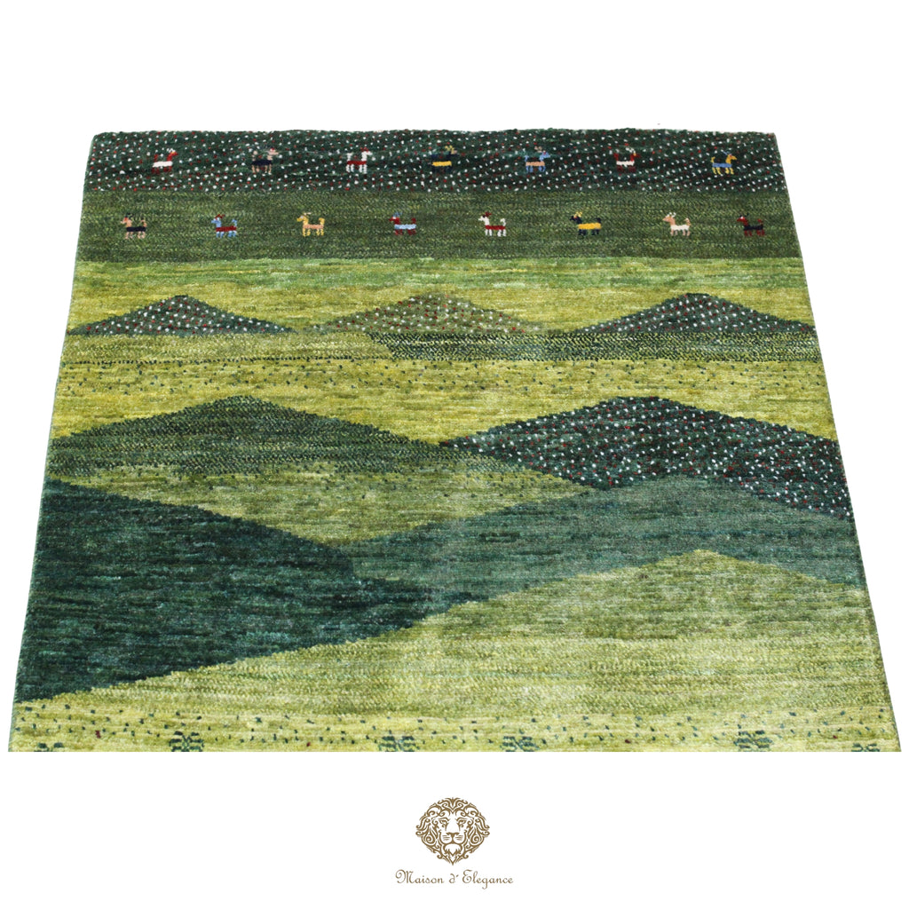 Green landscape rug with animal illustrations on a green background