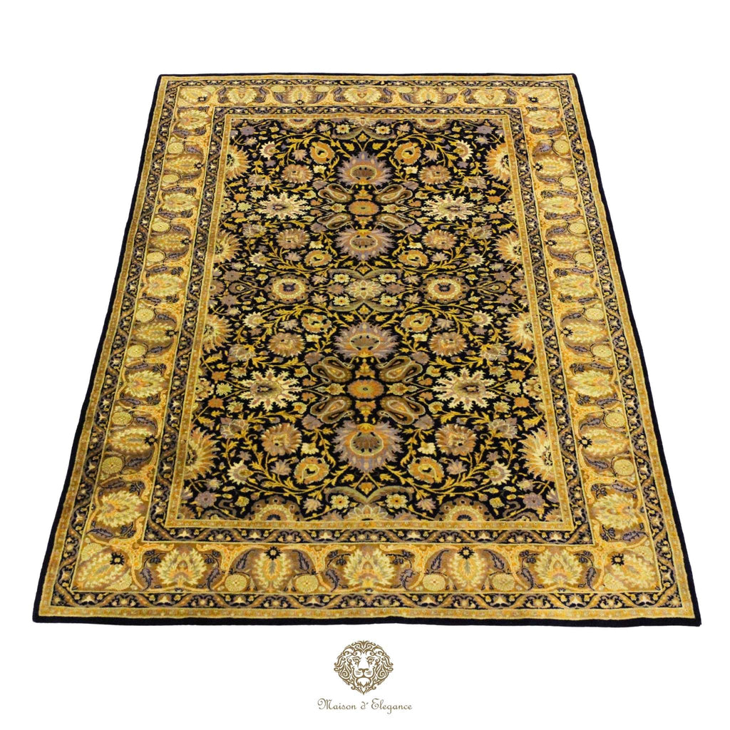 Decorative round rug with floral patterns on a navy background