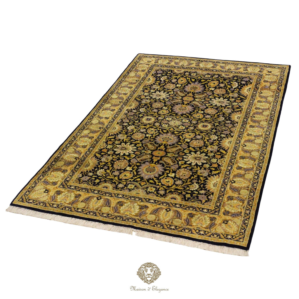 Round decorative rug with floral patterns on a navy background