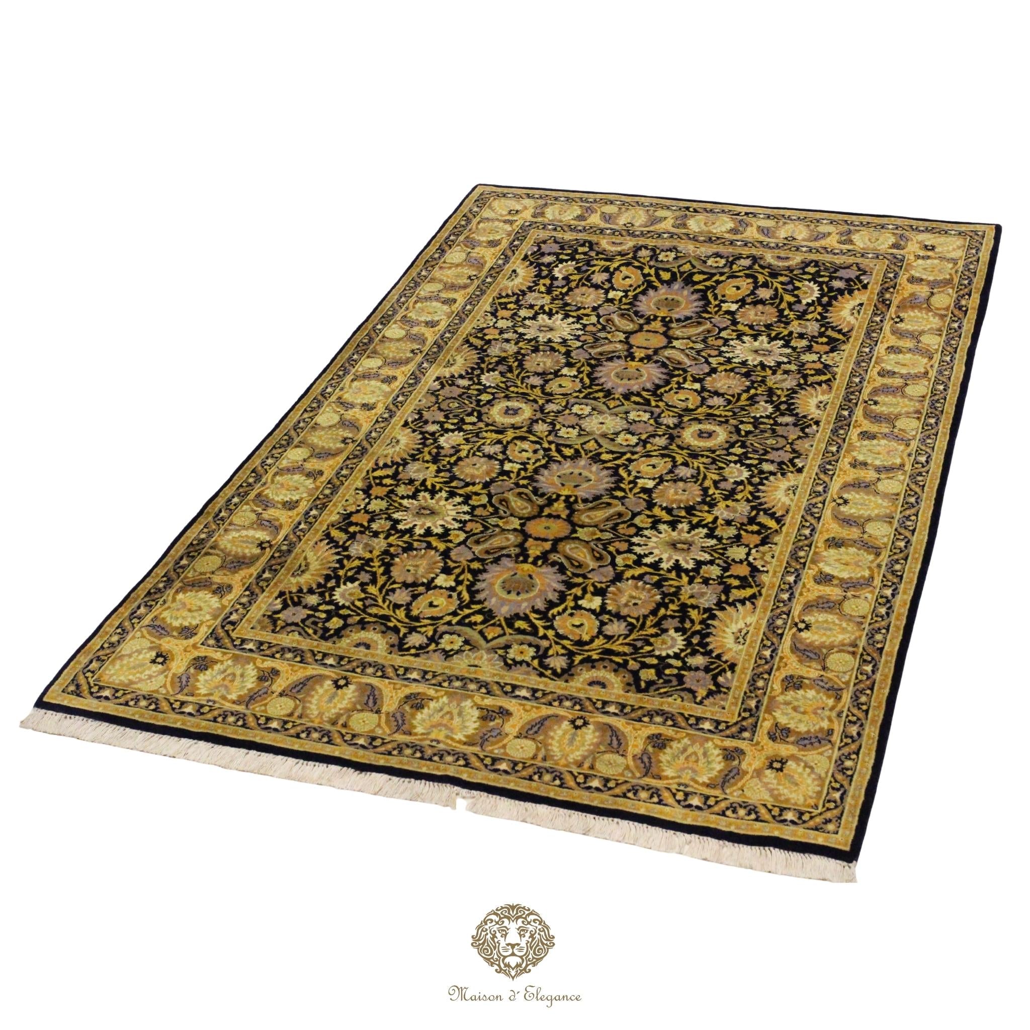 Round decorative rug with floral patterns on a navy background