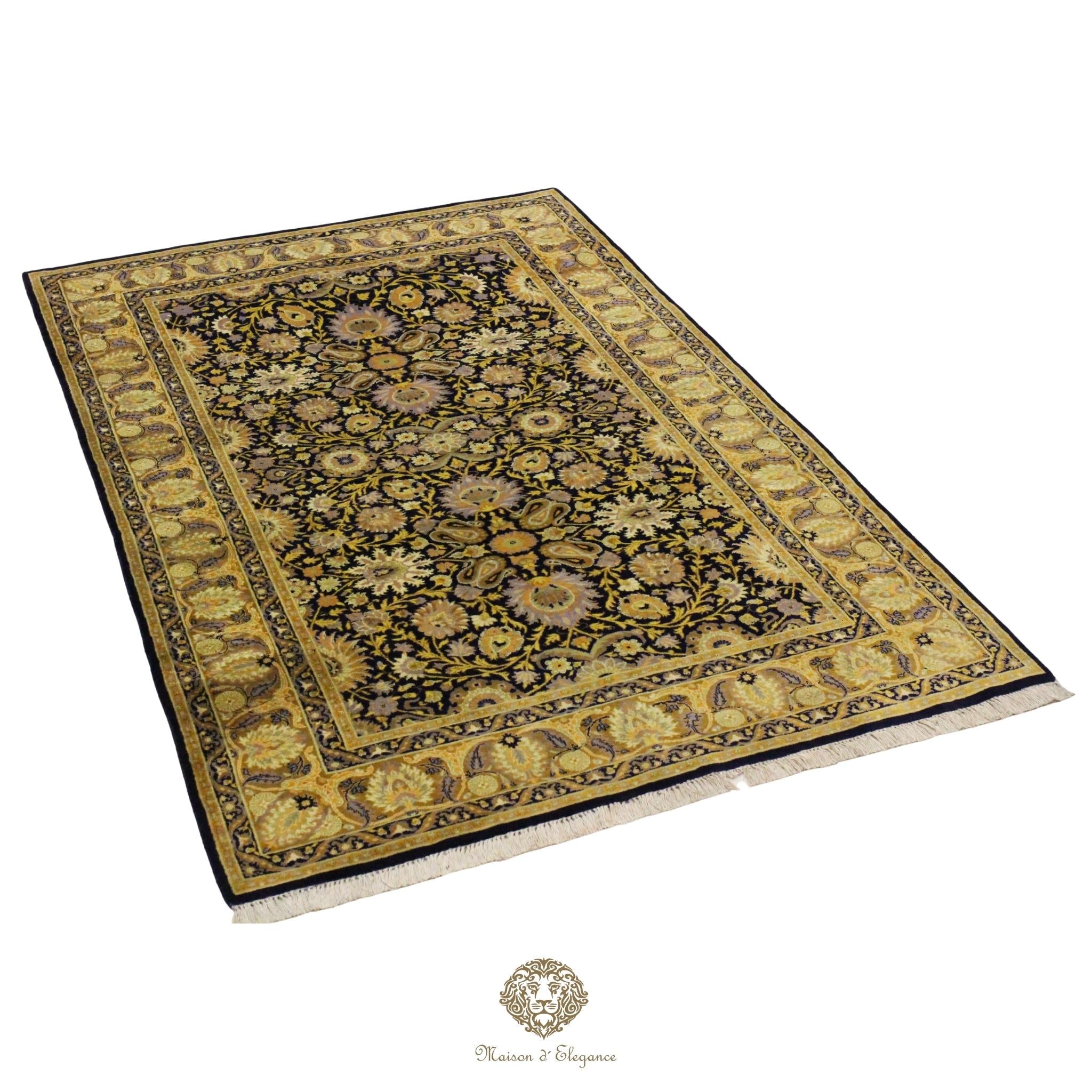 Decorative round rug with floral patterns on a navy background