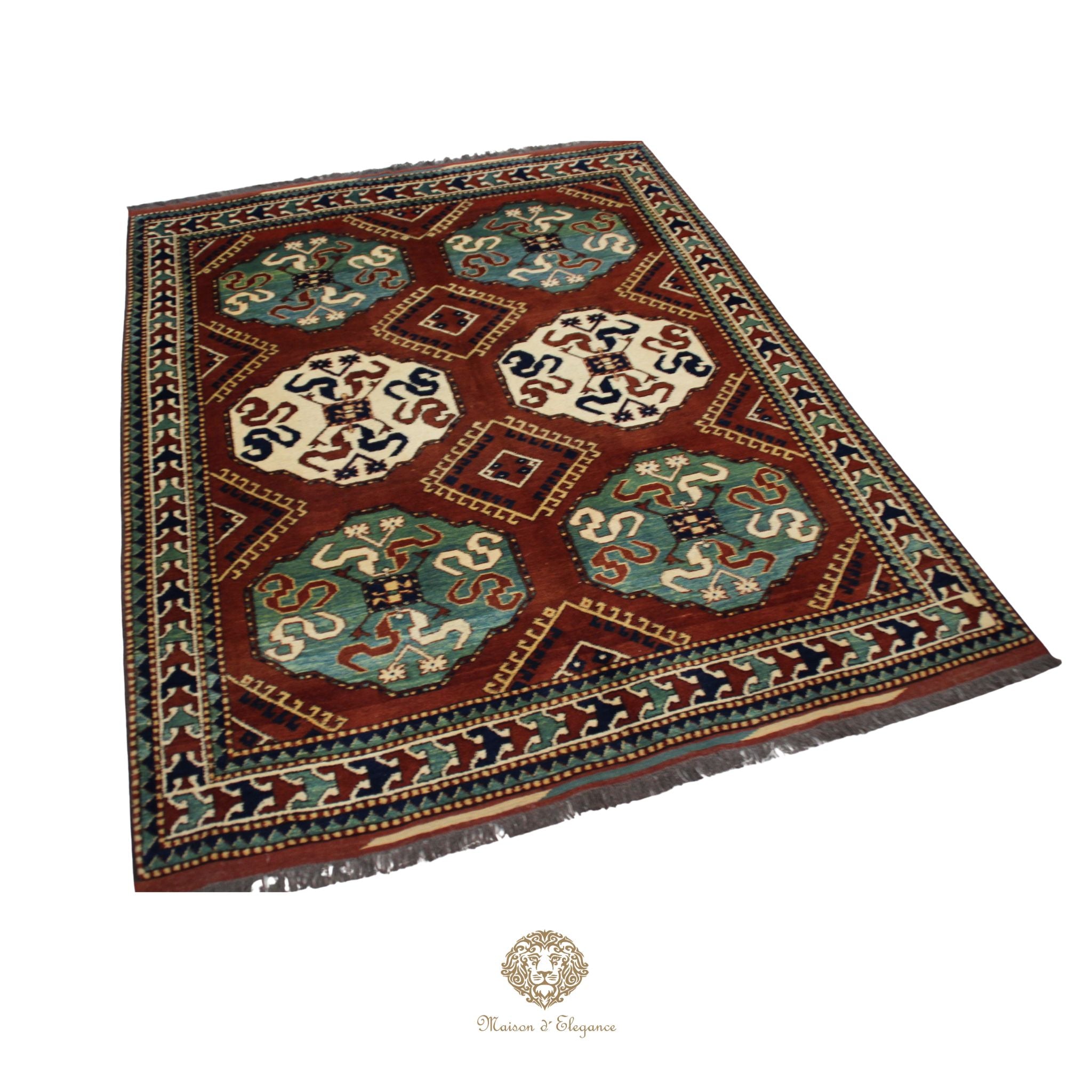 Decorative rug with intricate patterns on a white background