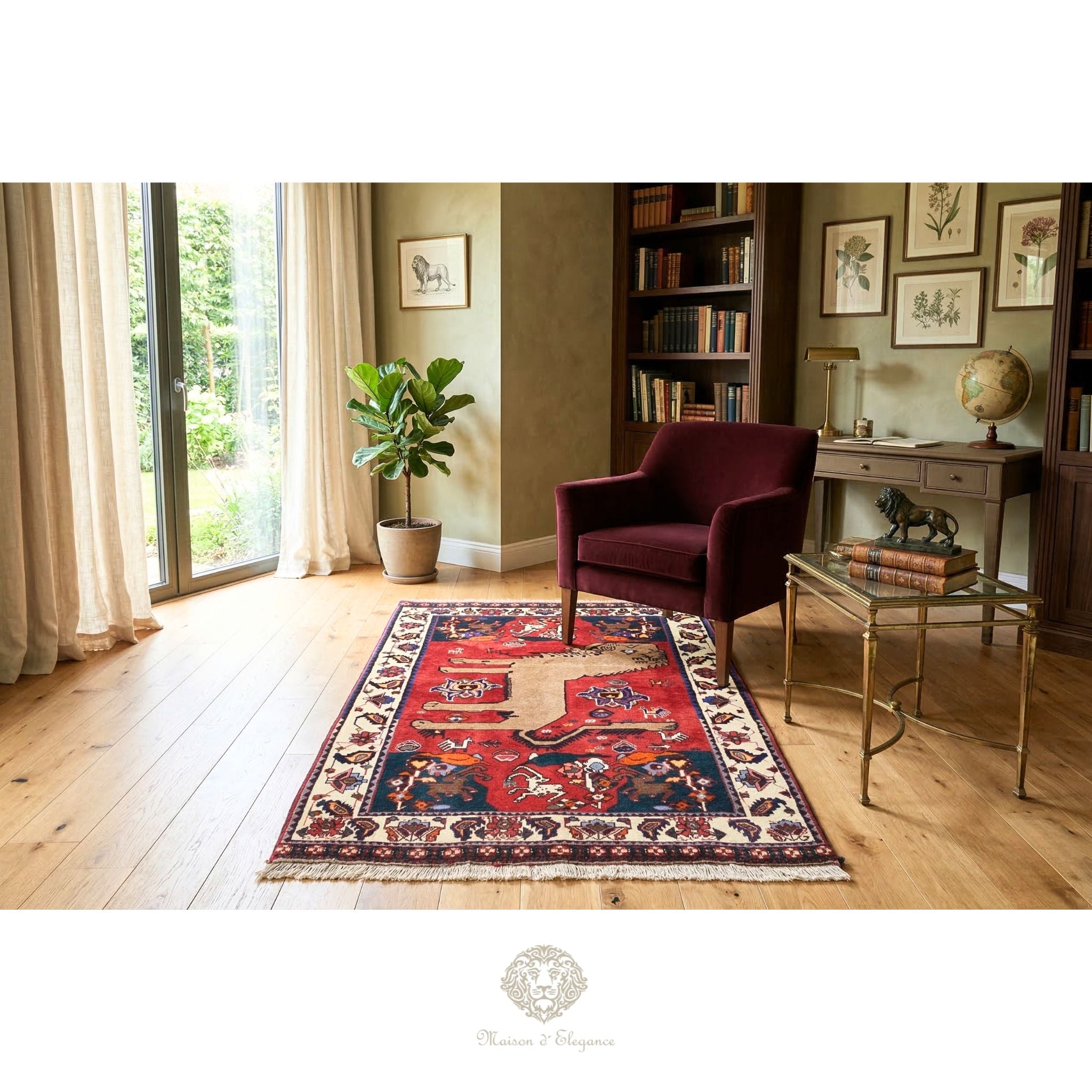 Living room with a red patterned rug, purple armchair, and bookshelf.