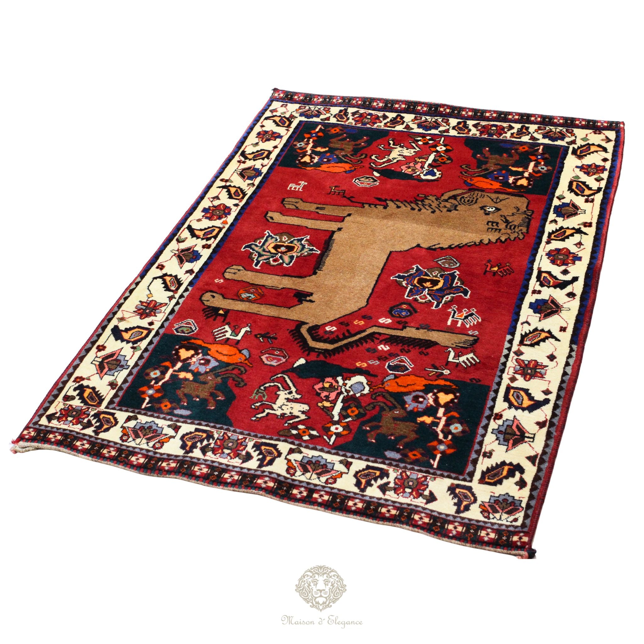 Decorative rug with a lion design on a red background