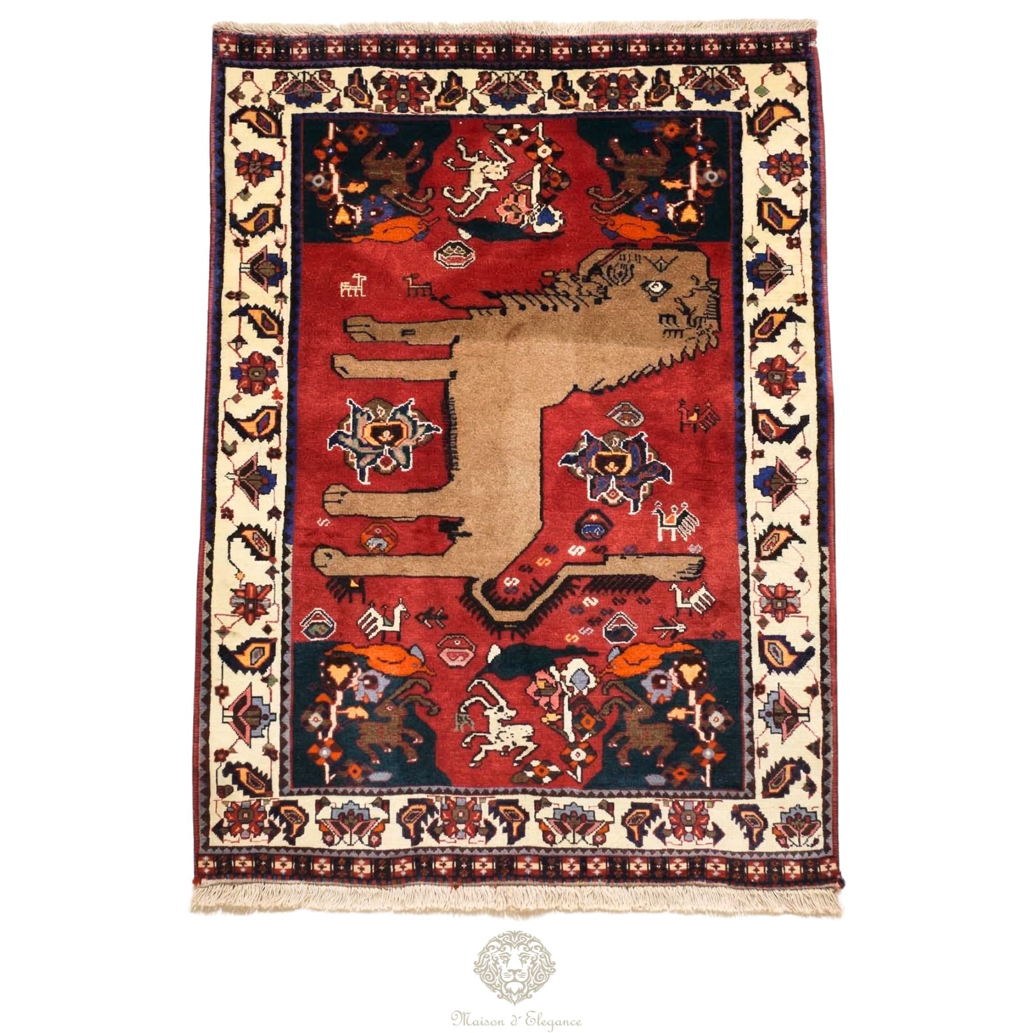 Decorative rug with a lion design on a red background