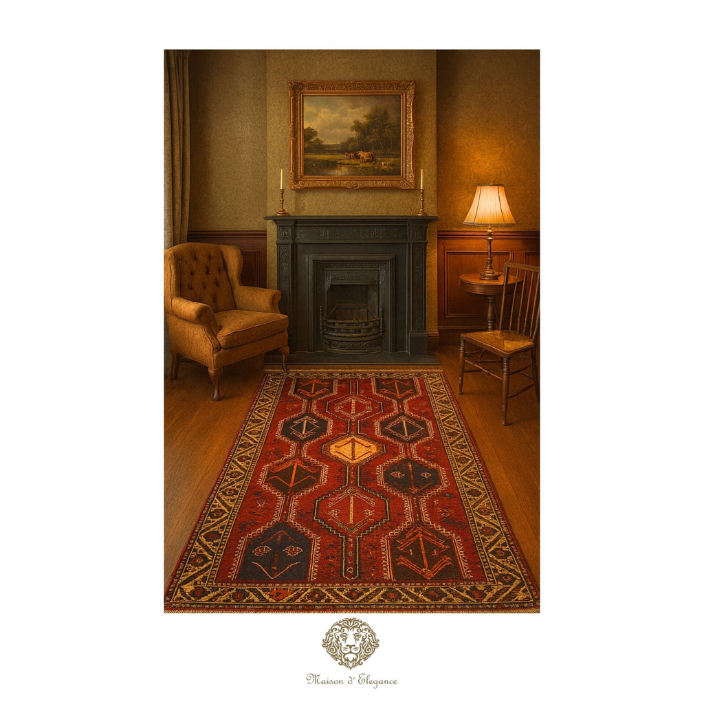 Vintage-style room with a patterned rug, armchair, and fireplace.