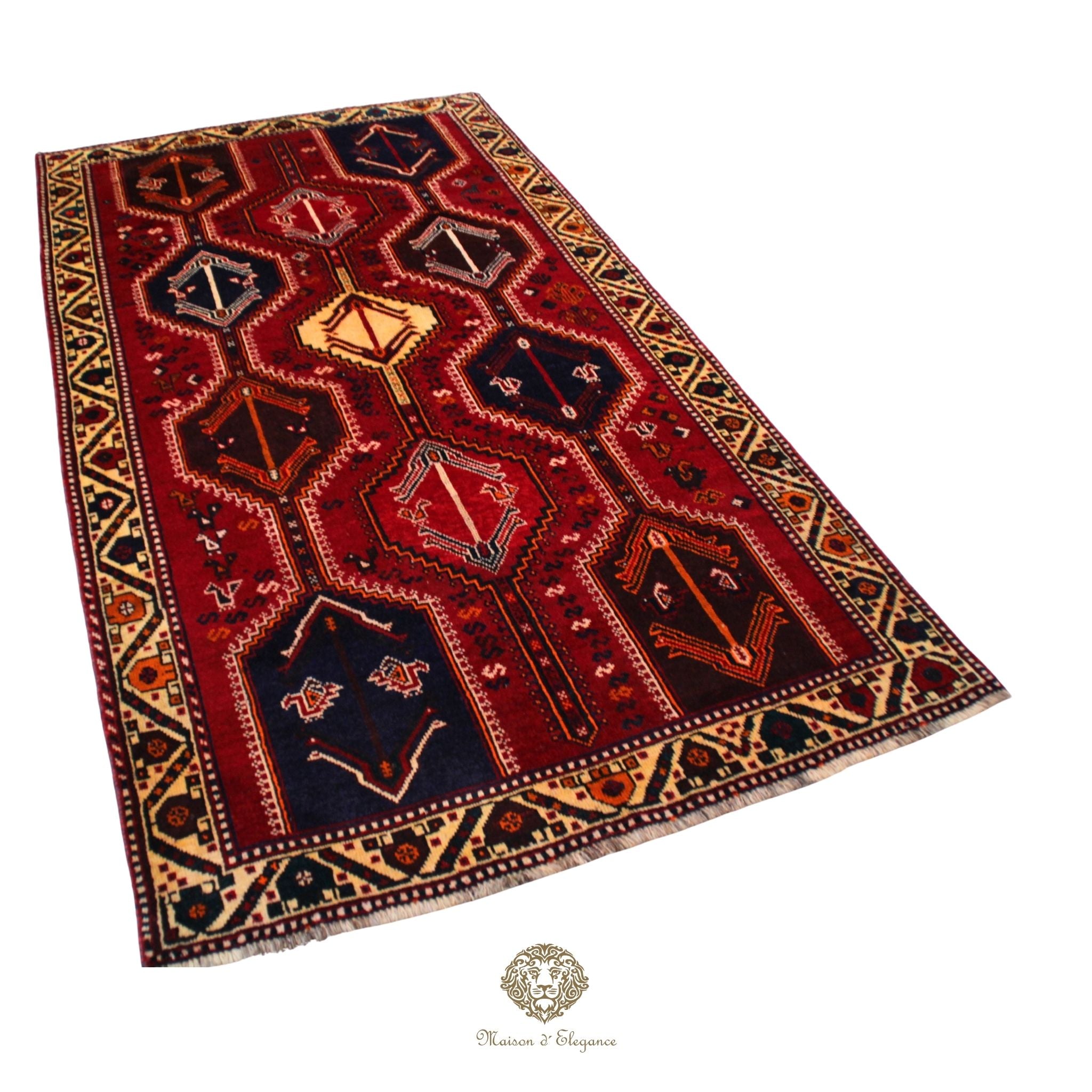 Decorative rug with geometric pattern on a red background