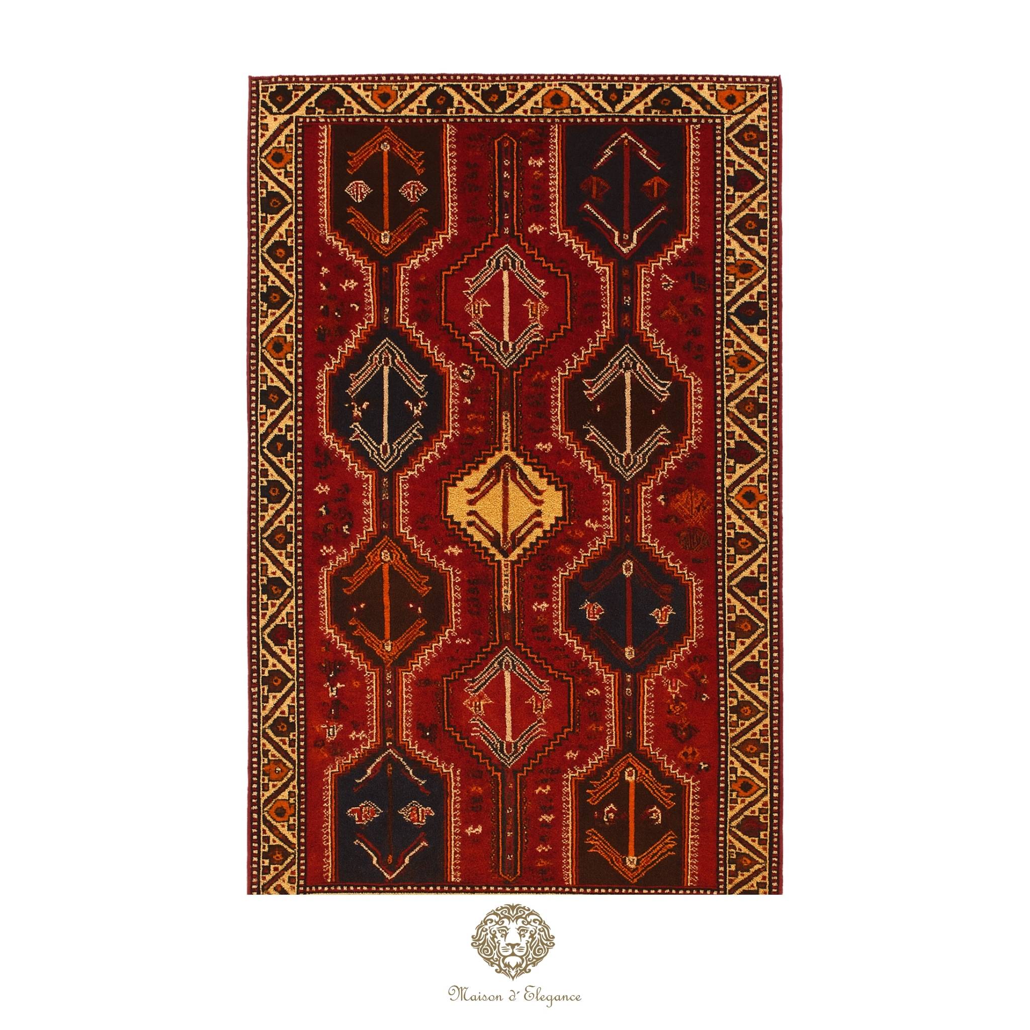 Decorative rug with geometric pattern on a red background
