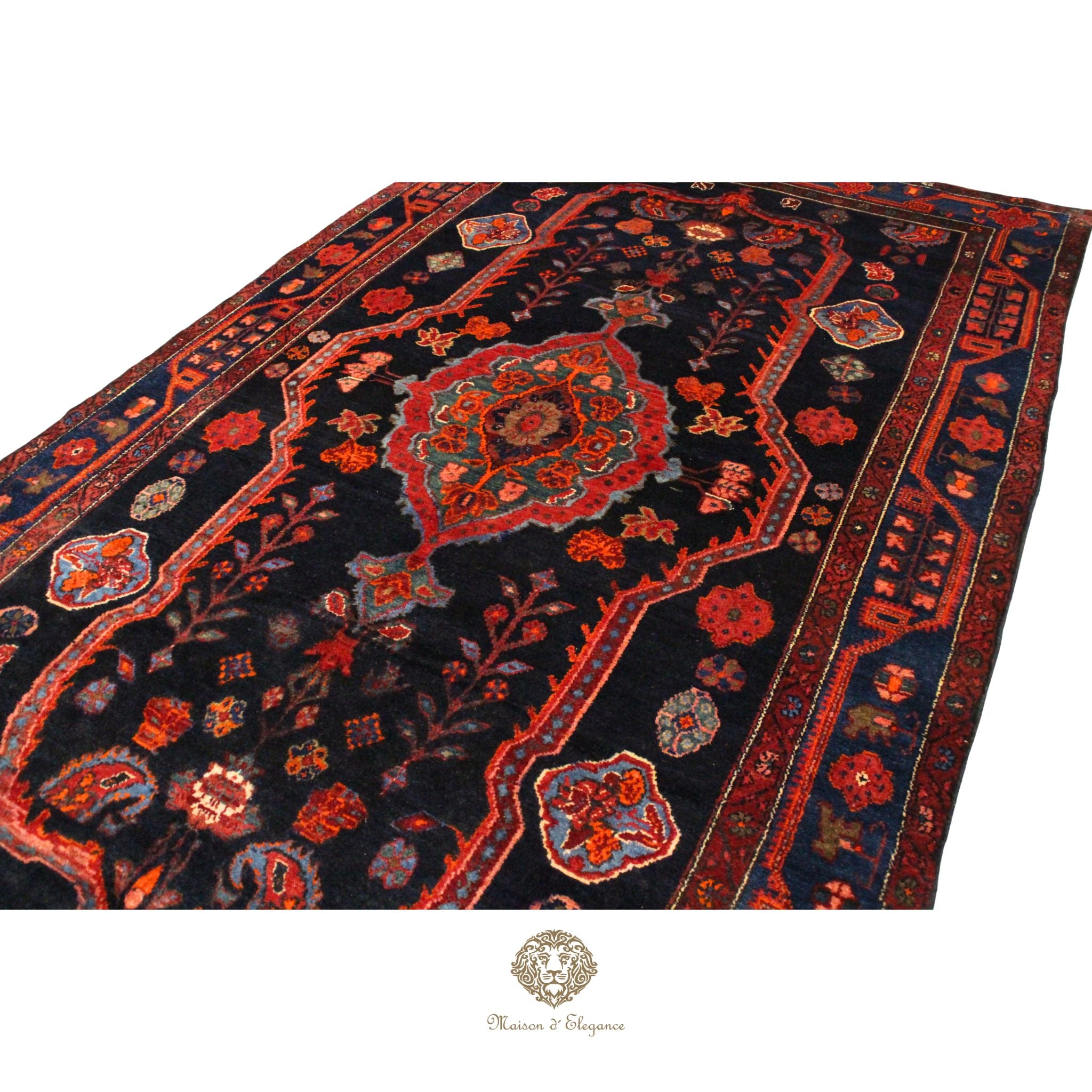 Decorative rug with intricate patterns on a navy background